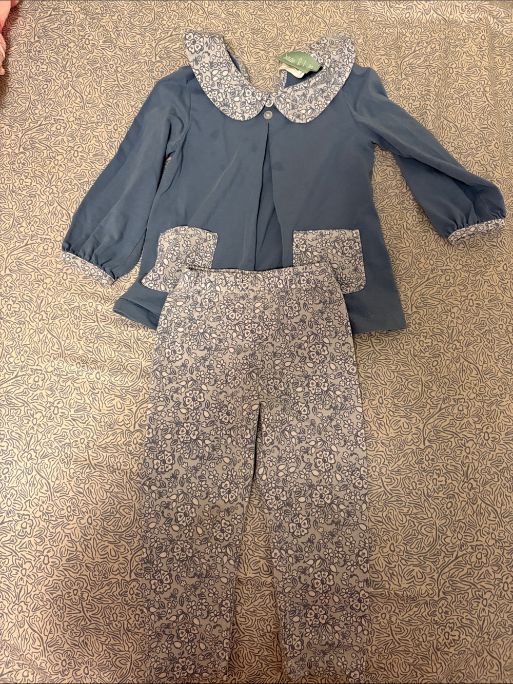 Girls Blue Floral-Collar Top & Floral Print Skinny Pants Set
